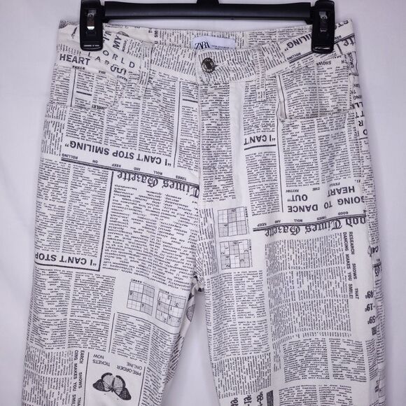 Zara Jeans Womens 4 White Newspaper Print Butterfly Straight Leg Button Fly - Picture 3 of 11